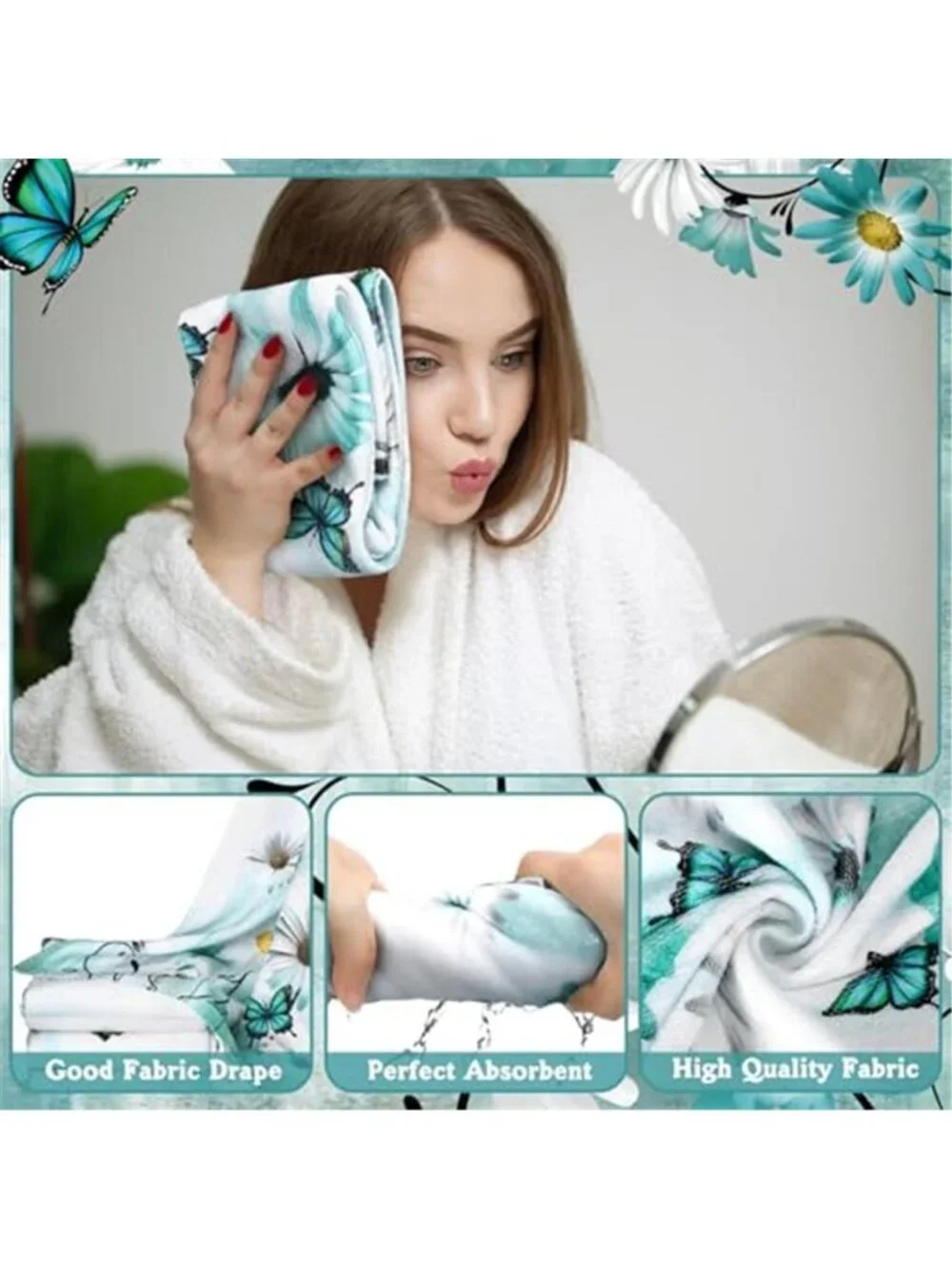 Teal Daisy Butterfly Shower Curtain Set Rugs Towels Bath Mat Toilet Cover Hooks